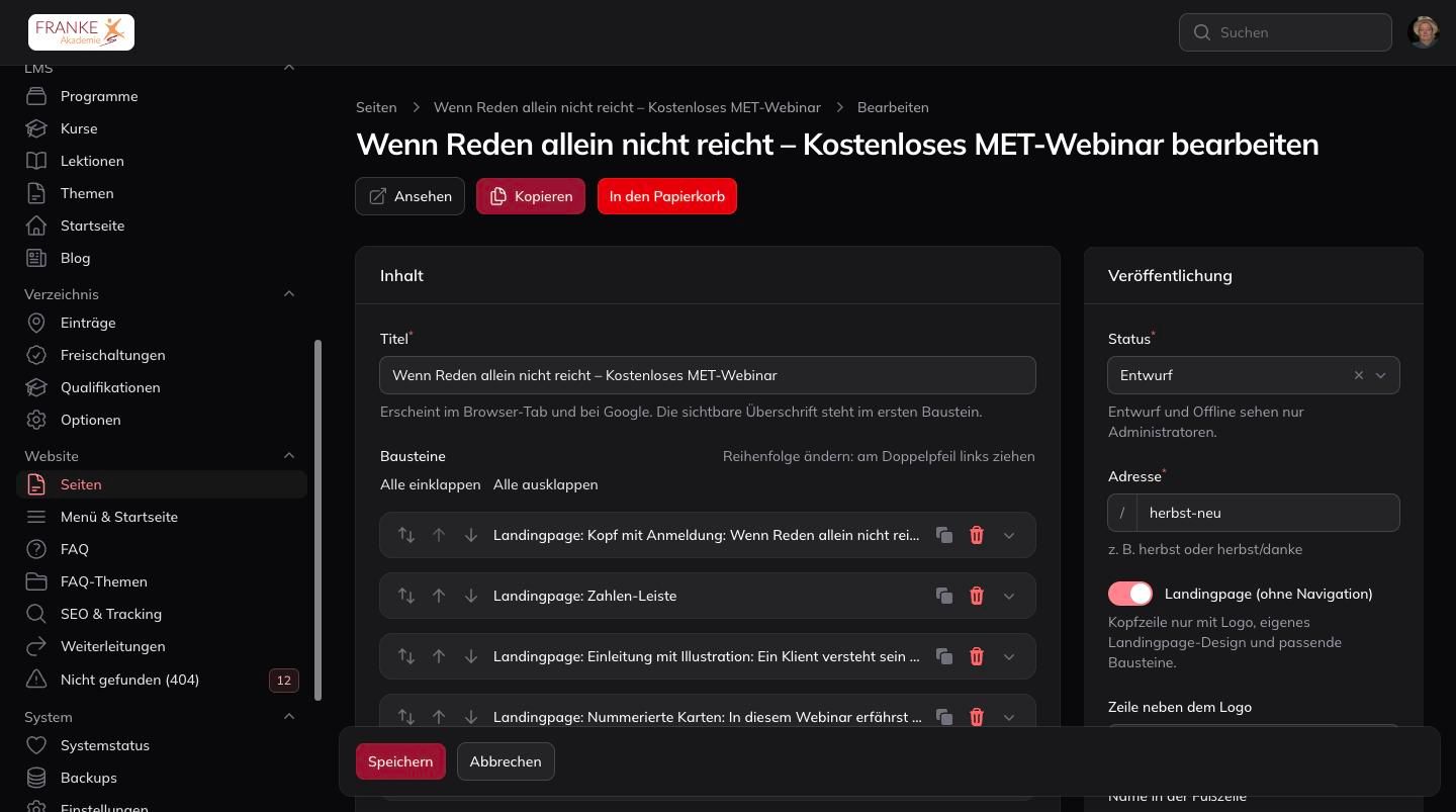 Seiten-Editor mit Bausteinen und Landingpage-Schalter