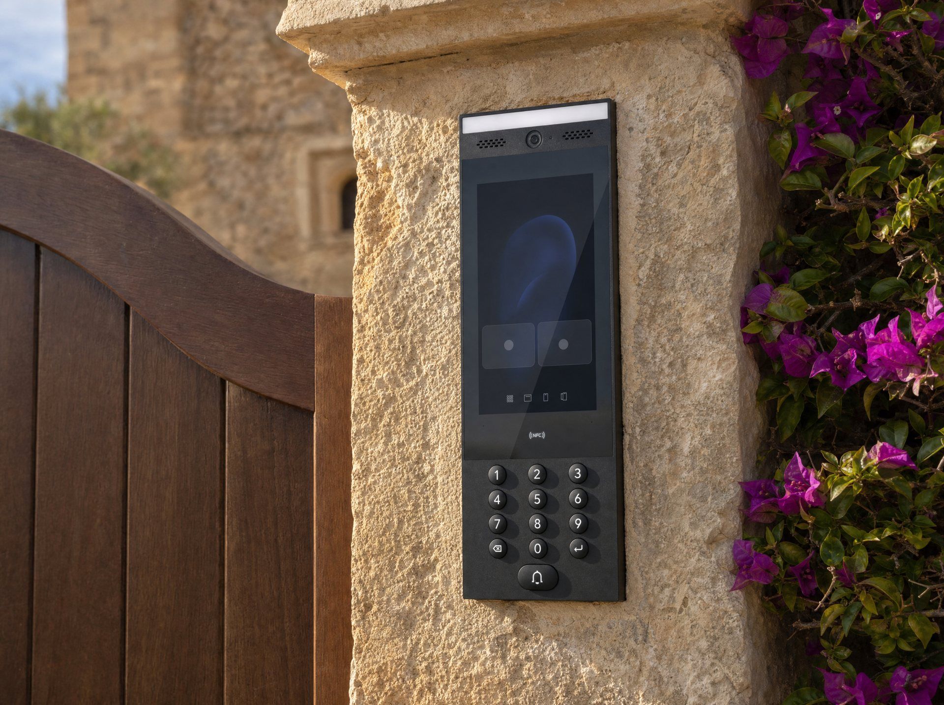 Schwarze UniFi Access Intercom Sprechanlage in einem Natursteinpfeiler neben einem Holztor