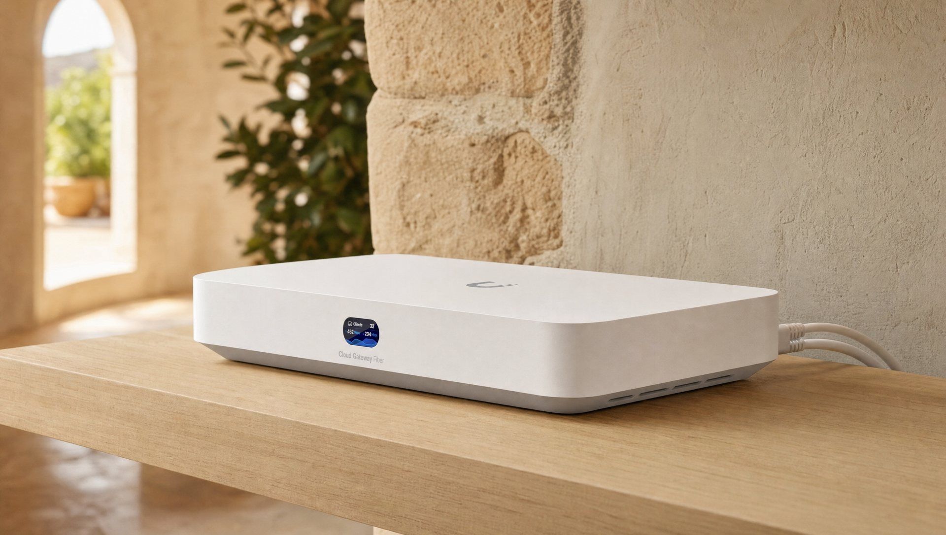 Weißes UniFi Cloud Gateway Fiber auf einem Holzregal in einer Finca, mit eingesteckten Netzwerkkabeln