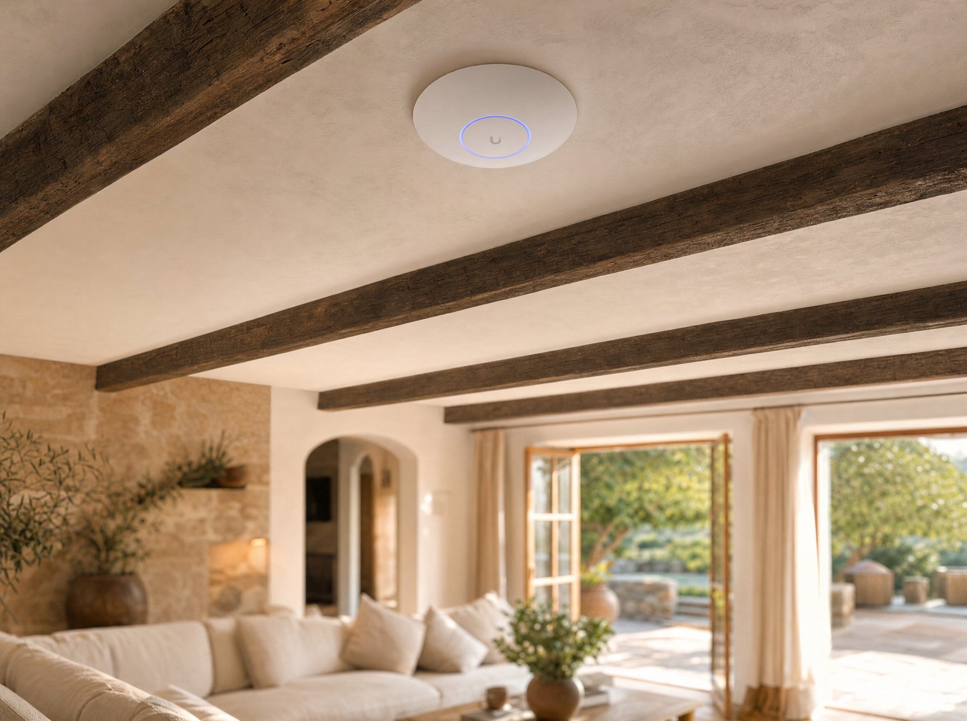 Weißer UniFi U7 Pro Access Point an einer Holzbalkendecke in einer Finca