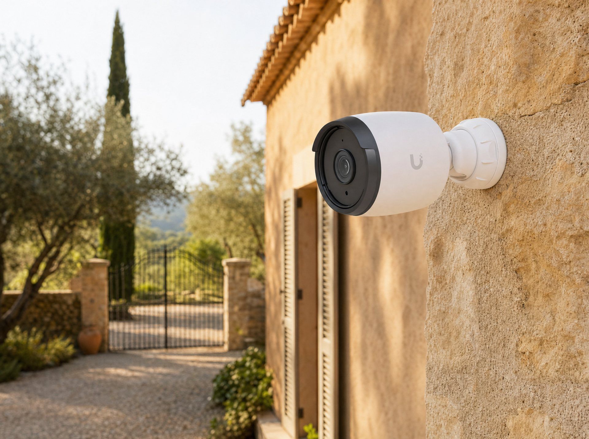Weiße UniFi G6 Bullet Kamera an einer Natursteinmauer mit Blick auf eine Einfahrt
