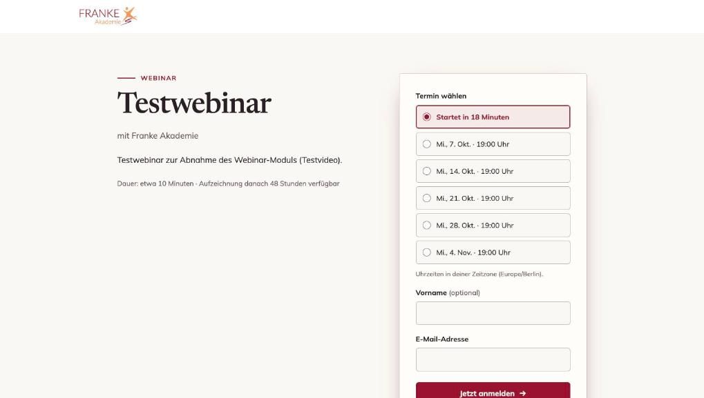 Webinar-Anmeldeseite mit Terminauswahl