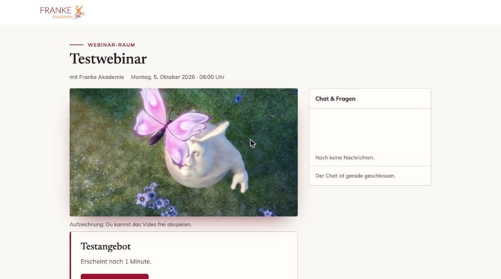 Webinar-Raum mit Video, Chat und eingeblendetem Angebot