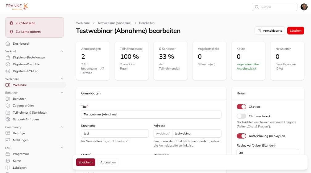 Webinar-Auswertung mit Kennzahlen im Admin