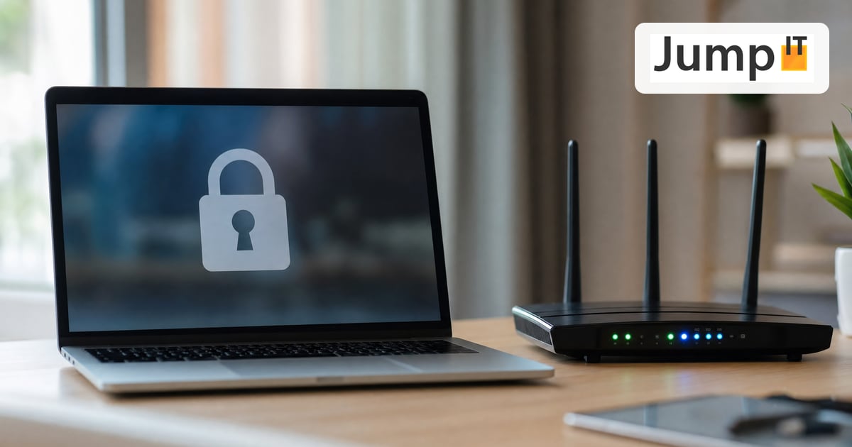 Laptop mit Schloss-Symbol auf dem Bildschirm neben einem Router mit Status-LEDs