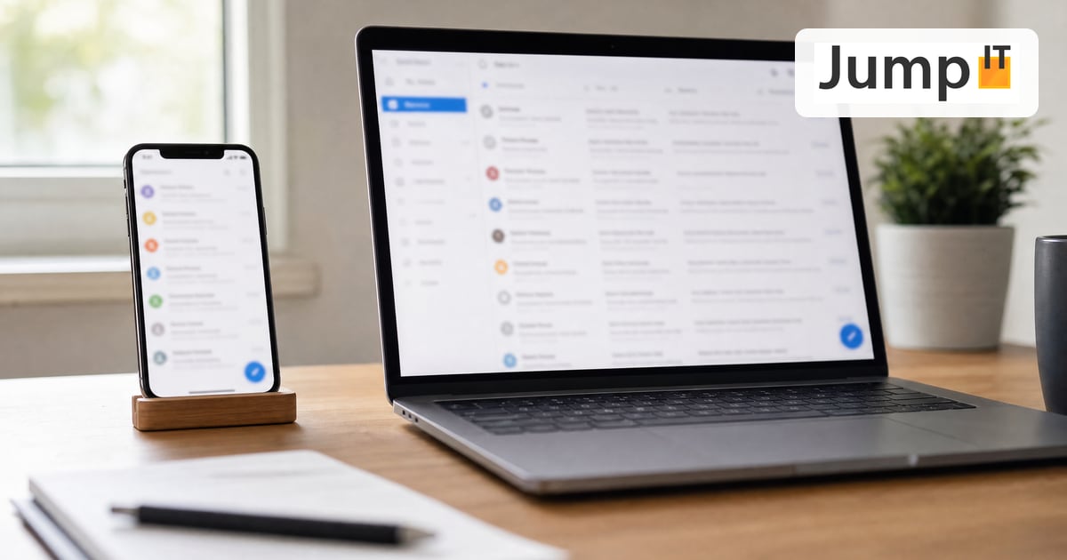 Smartphone und Laptop nebeneinander mit geöffnetem E-Mail-Postfach