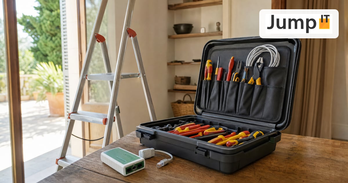 Geöffneter Werkzeugkoffer eines IT-Technikers auf einem Holztisch