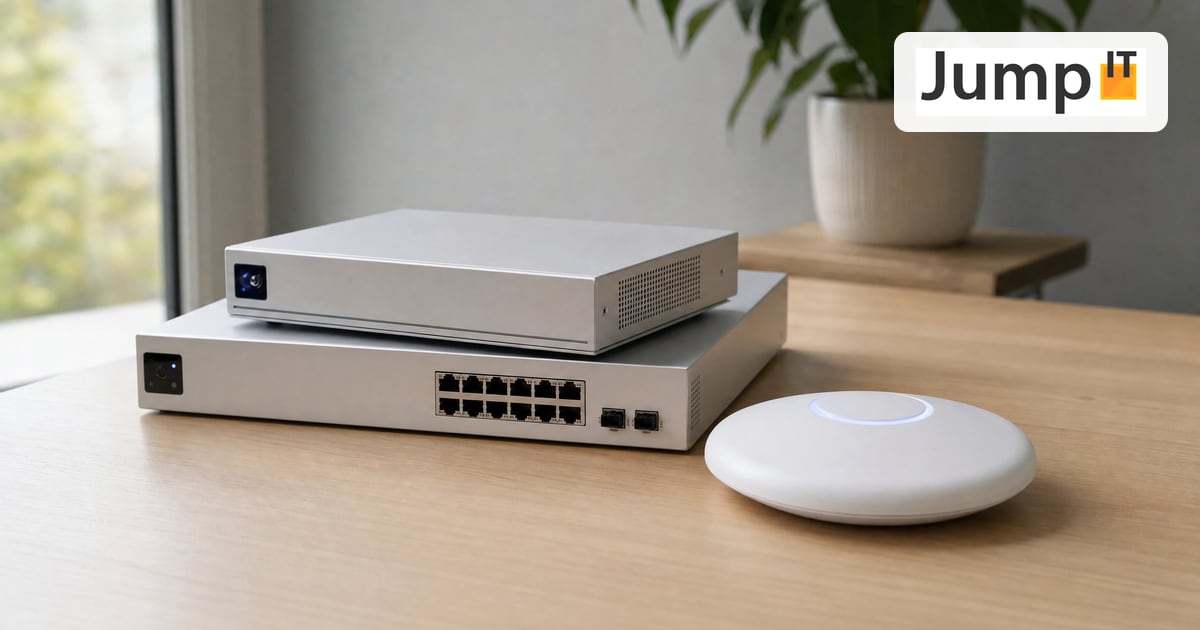 Ubiquiti-UniFi-Geräte: Cloud Gateway, PoE-Switch und Access Point auf einem Tisch