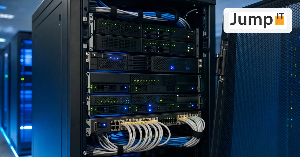 Kleines Server-Rack mit mehreren Servern und blinkenden Status-LEDs
