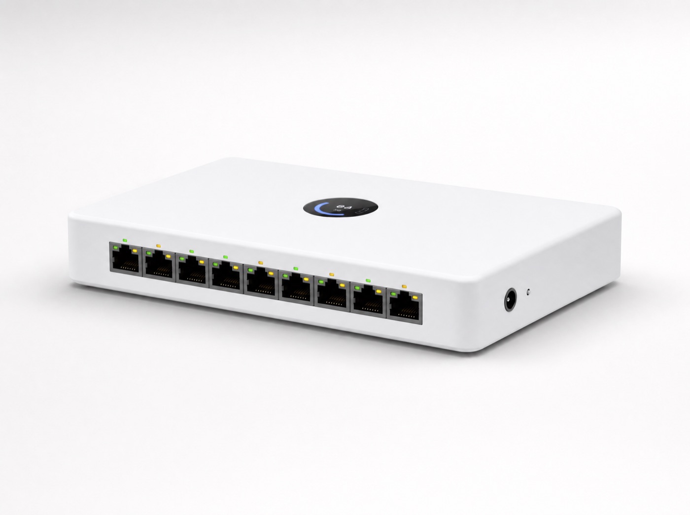 JumpIT UNIFI Ein weißes WiFi 7-Bridge-Gerät mit acht Ethernet-Ports auf der Vorderseite, die mit ihrer Geschwindigkeit und PoE-Fähigkeit beschriftet sind, einem Display, einem Stromeingang, einer Reset-Taste und gemessenen Abmessungen: 212,9 mm x 113 mm x 32,5 mm.
