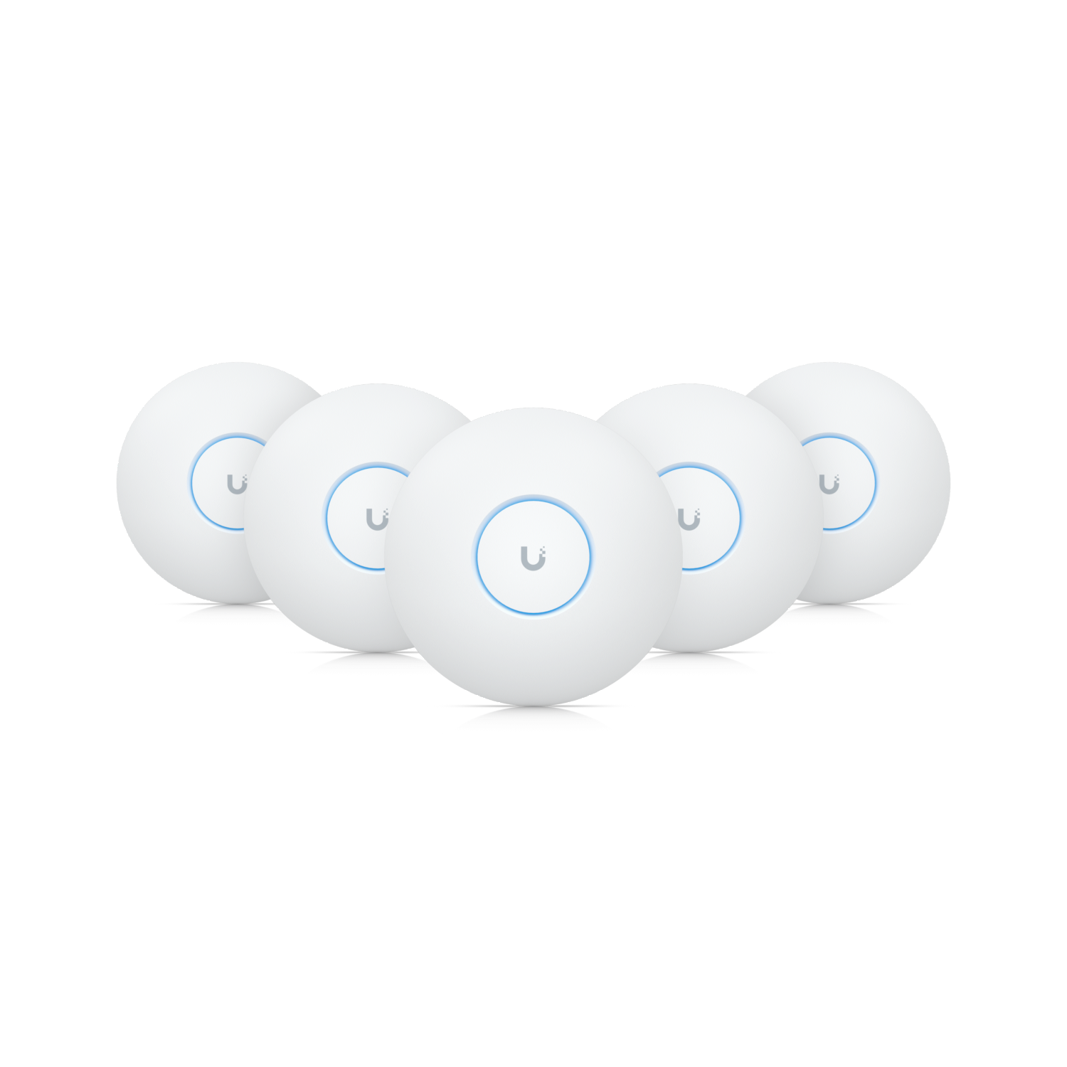 JumpIT UNIFI Fünf weiße, kreisförmige drahtlose Zugangspunkte mit blauen LED-Ringen um ein zentrales Logo sind in einer V-Formation vor einem unifarbenen Hintergrund angeordnet.
