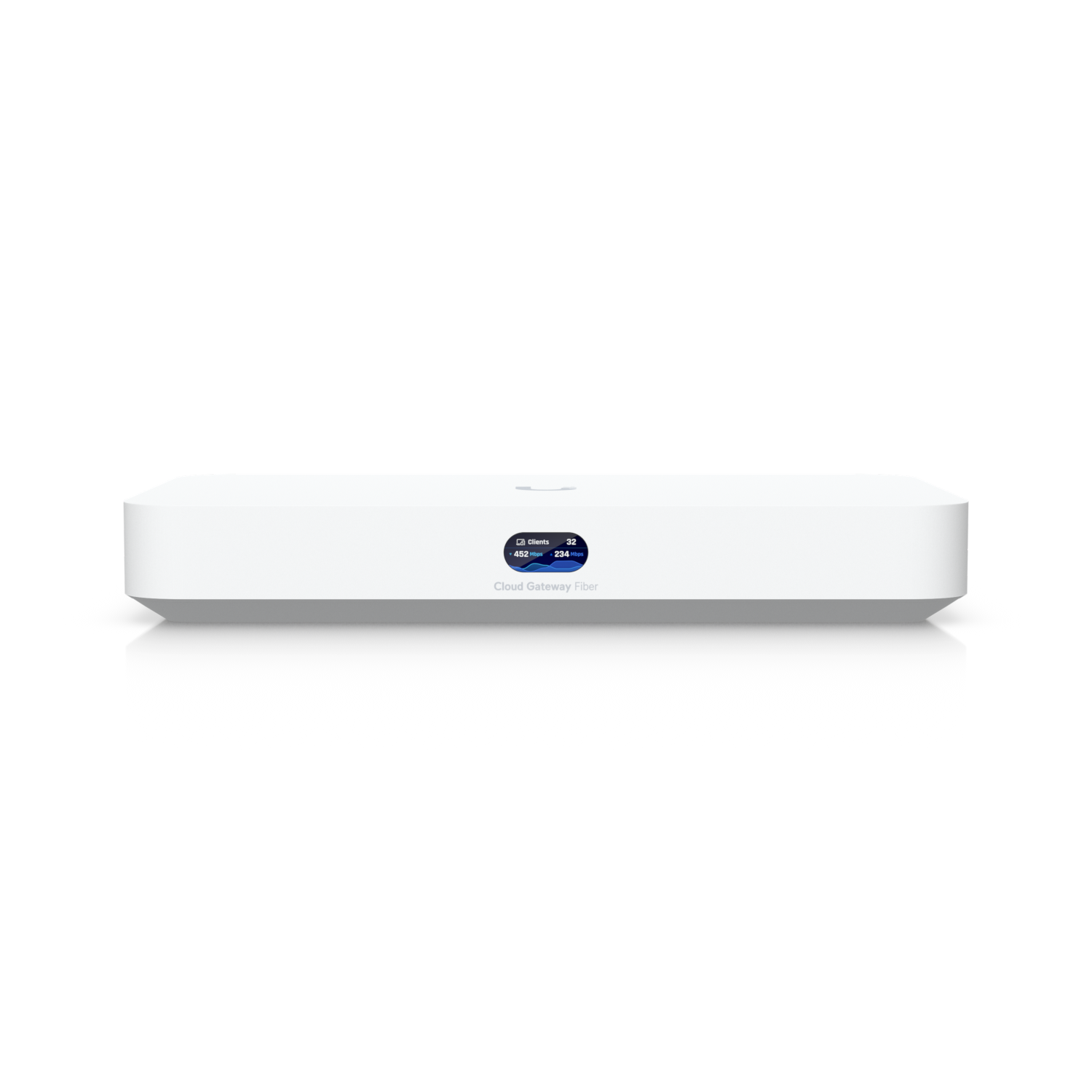 JumpIT UNIFI Ein rechteckiges weißes Netzwerkgerät mit abgerundeten Kanten, das auf der Vorderseite eine kleine blaue Digitalanzeige mit der Aufschrift "Cloud Gateway Flex" vor einem schwarzen Hintergrund aufweist.