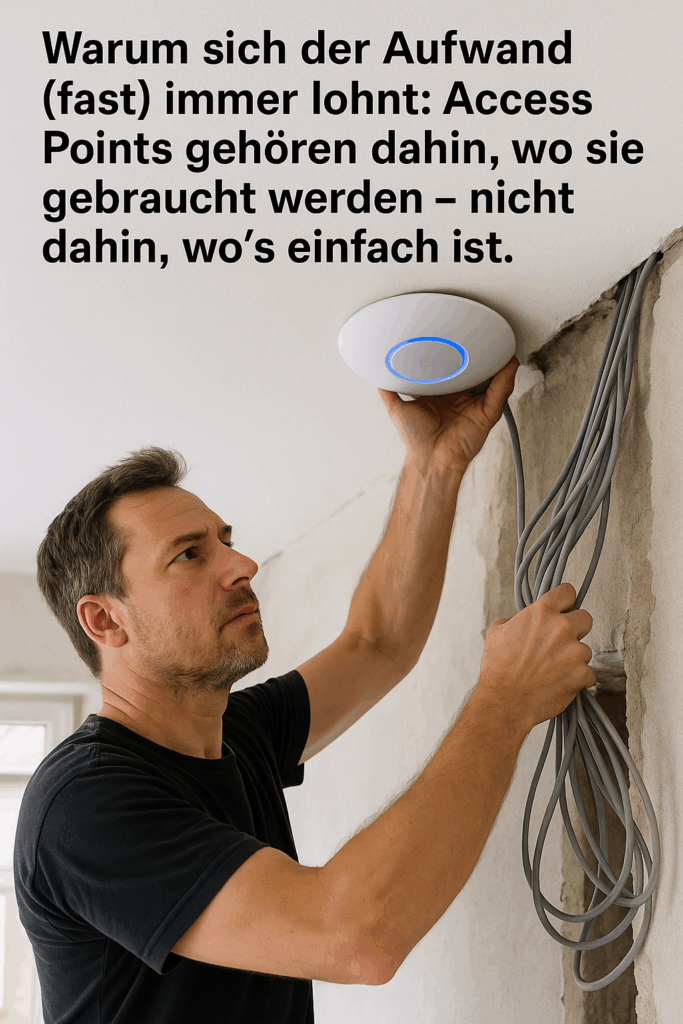 JumpIT UNIFI Ein Mann hält einen Zugangspunkt in der Nähe einer Wand mit freiliegenden Kabeln. Der deutsche Text erklärt, dass Zugangspunkte dort installiert werden sollten, wo sie benötigt werden, und nicht nur dort, wo es bequem ist.