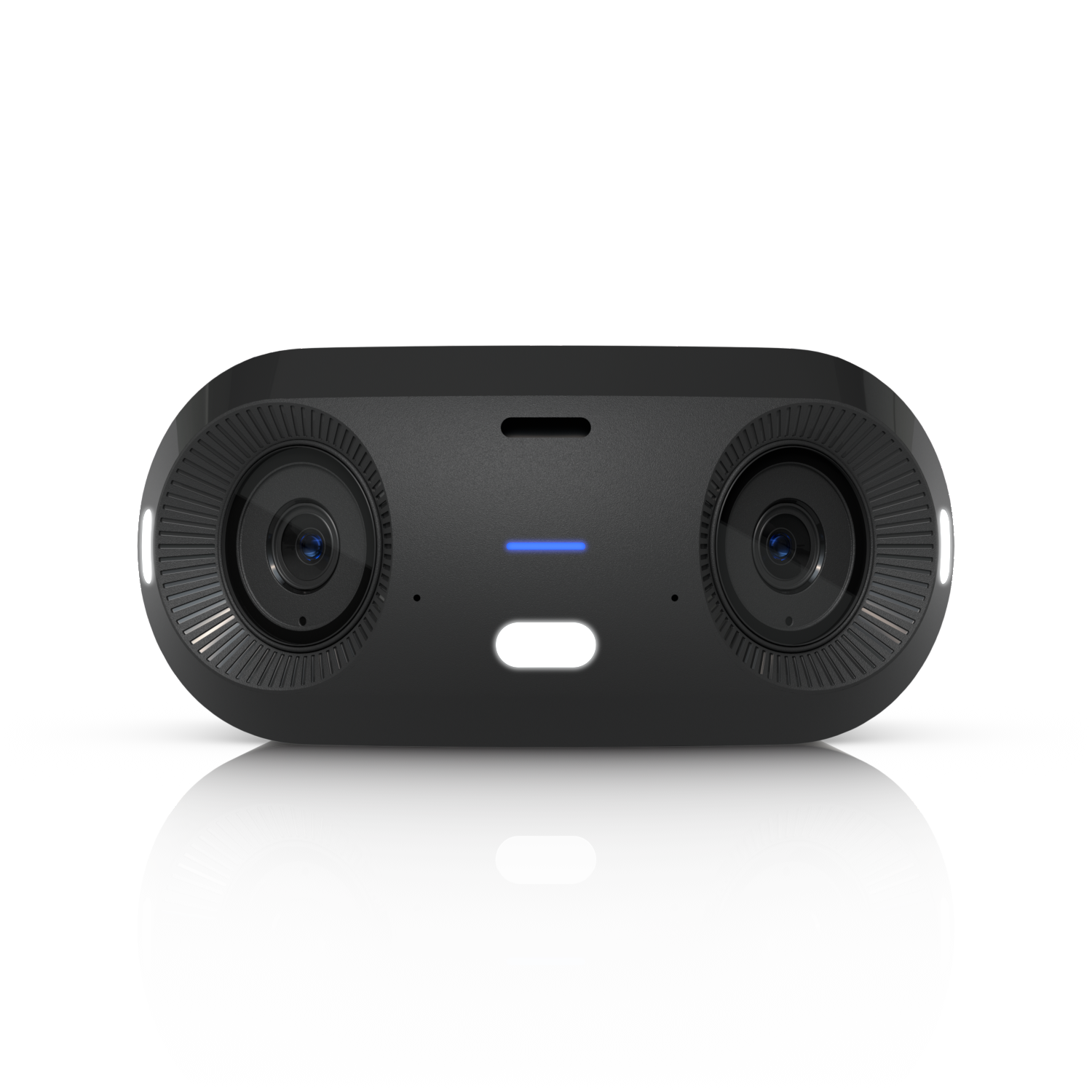 JumpIT UNIFI Ein schwarzes, ovales Kamerager&auml;t mit zwei breiten Linsen auf jeder Seite, einer kleinen horizontalen blauen LED-Leuchte in der Mitte und zus&auml;tzlichen kleinen Sensor&ouml;ffnungen, das auf einer wei&szlig;en, reflektierenden Oberfl&auml;che steht.