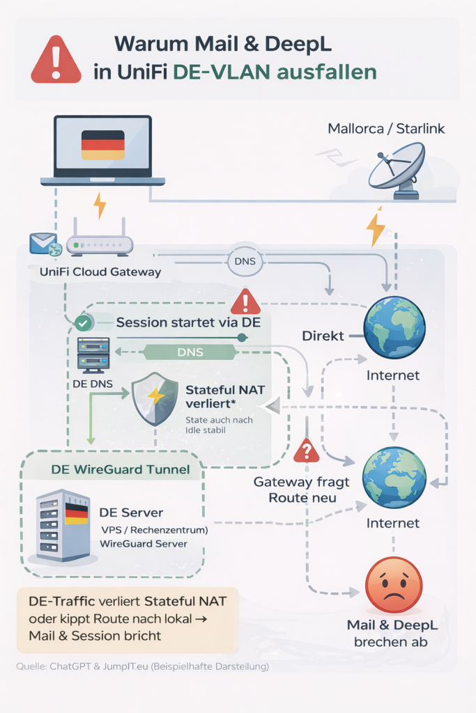 JumpIT UNIFI Infografik, die erklärt, warum Mail und DeepL in UniFi DE-VLAN scheitern. Sie zeigt den Netzwerkfluss von Geräten durch UniFi Cloud Gateway, unter Verwendung von DE WireGuard Tunnel und Stateful NAT, was zu unterbrochenen Mail- und DeepL-Verbindungen führt.