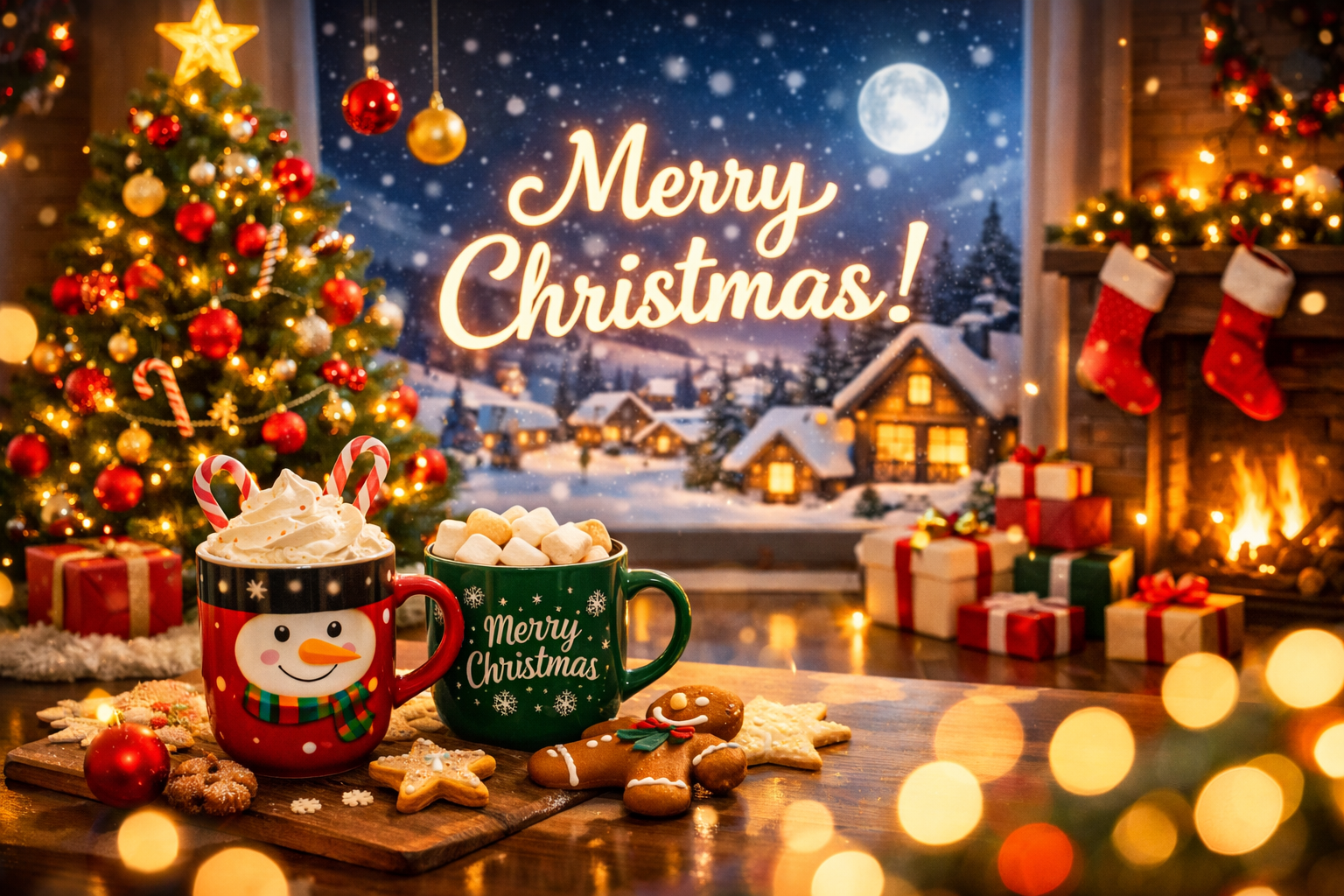 JumpIT UNIFI Zwei festliche Tassen mit hei&szlig;en Getr&auml;nken stehen auf einem Tisch mit Keksen und Zuckerstangen. Dahinter stehen ein geschm&uuml;ckter Weihnachtsbaum, Str&uuml;mpfe auf einem Kamin, Geschenke und ein Fenster, das eine verschneite Dorfszene mit der Aufschrift "Frohe Weihnachten!" zeigt.