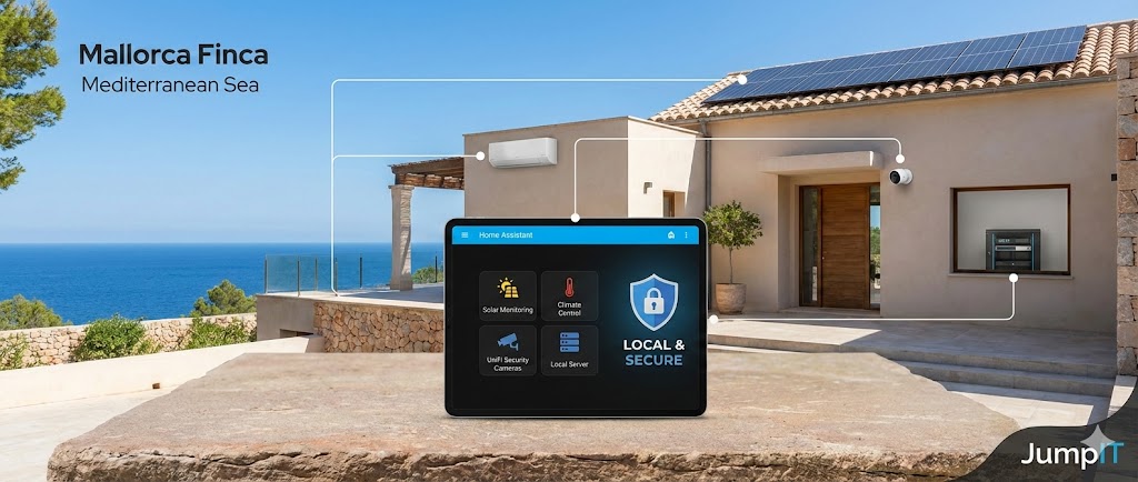 JumpIT UNIFI Eine moderne mediterrane Villa auf Mallorca mit Sonnenkollektoren auf dem Dach und einem Home Assistant-Tablet, das Smart Home & Sicherheit f&uuml;r Ihre Finca anzeigt: Solar&uuml;berwachung, Klimakontrolle, Kameras und Sicherheit. Atemberaubender Meerblick im Hintergrund.