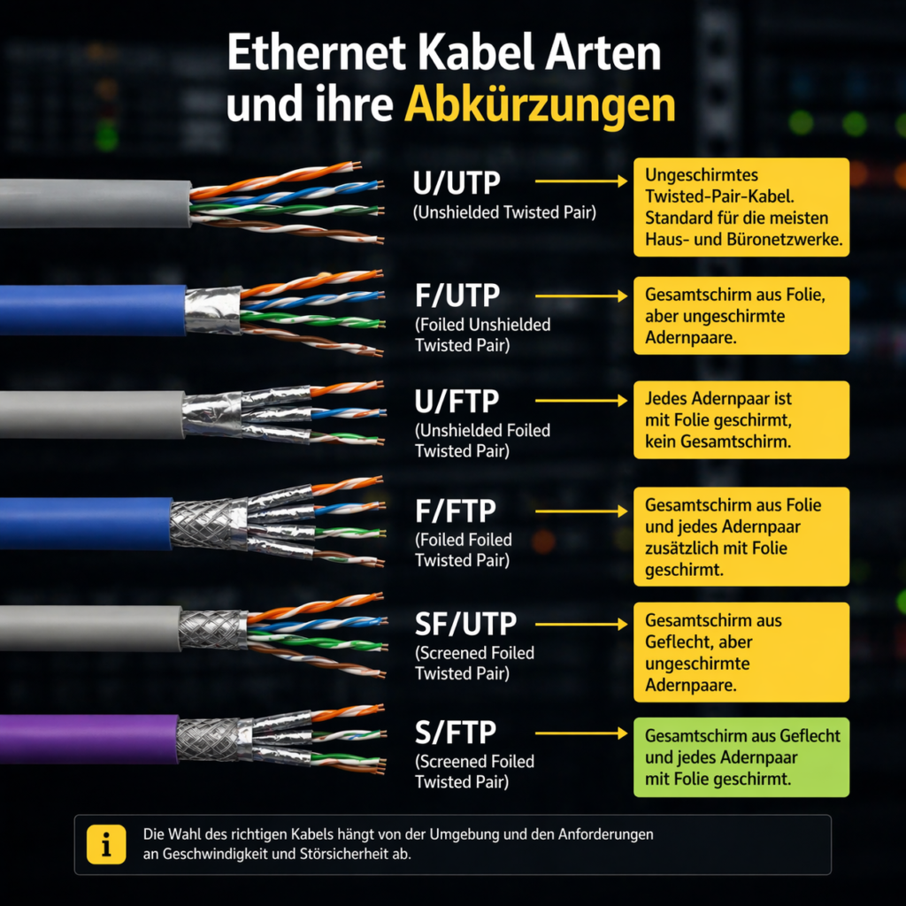JumpIT UNIFI Infografik zeigt verschiedene Ethernet-Kabeltypen (U/UTP, F/UTP, U/FTP, F/FTP, SF/UTP, S/FTP) mit Querschnitten, Abschirmungen und Erkl&auml;rungen zu den jeweiligen Abk&uuml;rzungen und Eigenschaften.