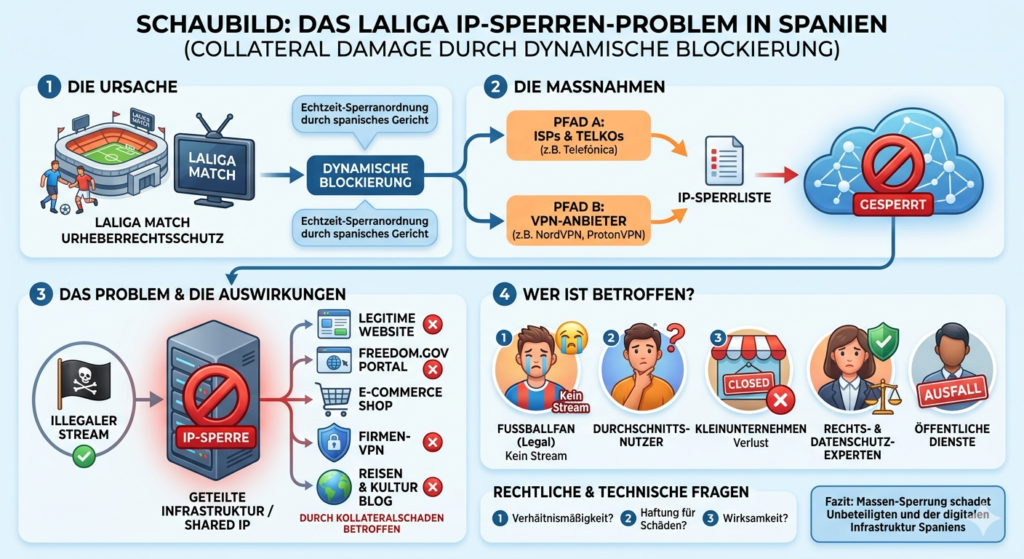 JumpIT UNIFI Infografik zeigt das Problem der LaLiga-IP-Sperren in Spanien: Ursachen, Maßnahmen (IP-Sperrung), Auswirkungen auf unbeteiligte Nutzer, Betroffene Gruppen sowie rechtliche und technische Fragen.